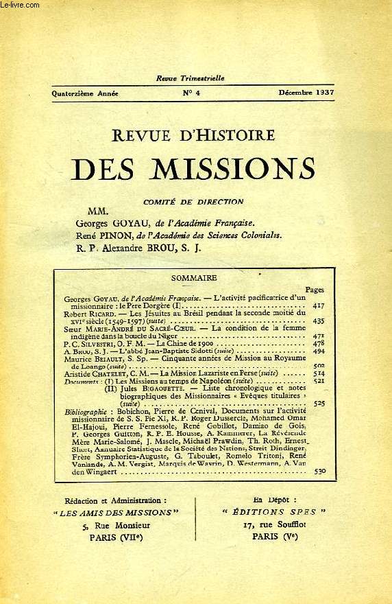 REVUE D'HISTOIRE DES MISSIONS, 14e ANNEE, N 4, DEC. 1937