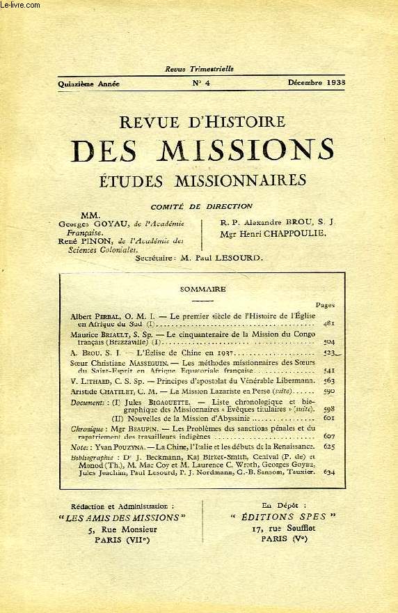 REVUE D'HISTOIRE DES MISSIONS, 15e ANNEE, N 4, DEC. 1938