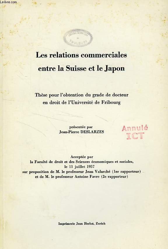 LES RELATIONS COMMERCIALES ENTRE LA SUISSE ET LE JAPON (THESE)