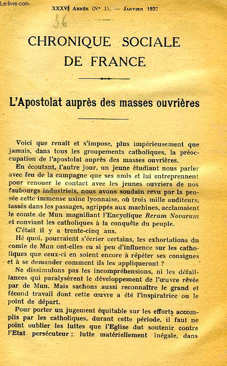 CHRONIQUE SOCIALE DE FRANCE, XXXVe ANNEE, 1927