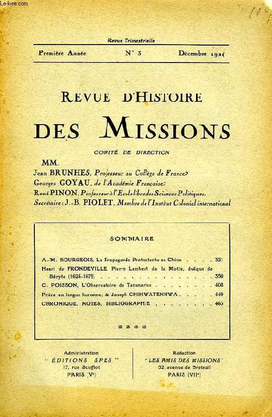REVUE D'HISTOIRE DES MISSIONS, 1re ANNEE, N 3, DEC. 1924