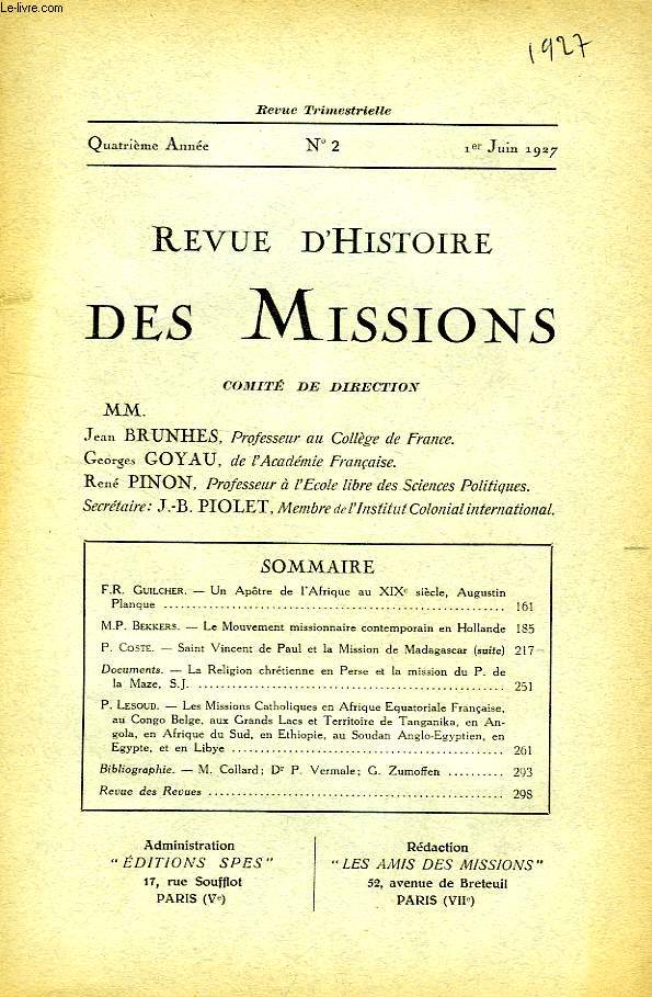 REVUE D'HISTOIRE DES MISSIONS, 4e ANNEE, N 2, JUIN 1927