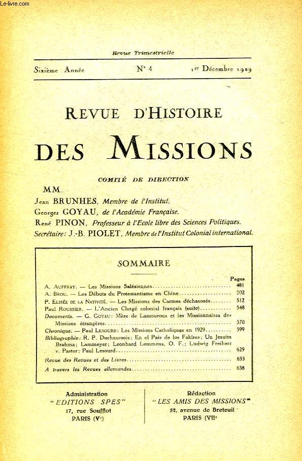 REVUE D'HISTOIRE DES MISSIONS, 6e ANNEE, N 4, DEC. 1929