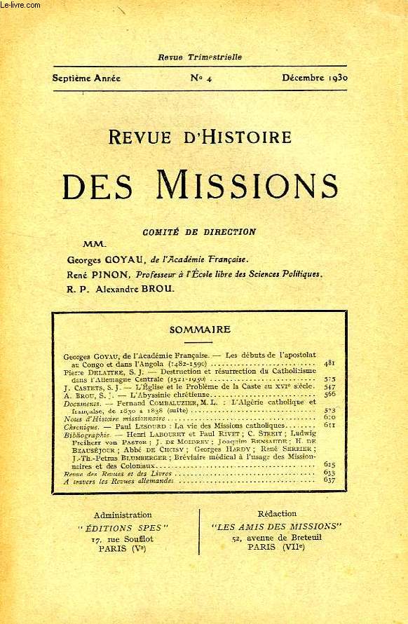 REVUE D'HISTOIRE DES MISSIONS, 7e ANNEE, N 4, DEC. 1930