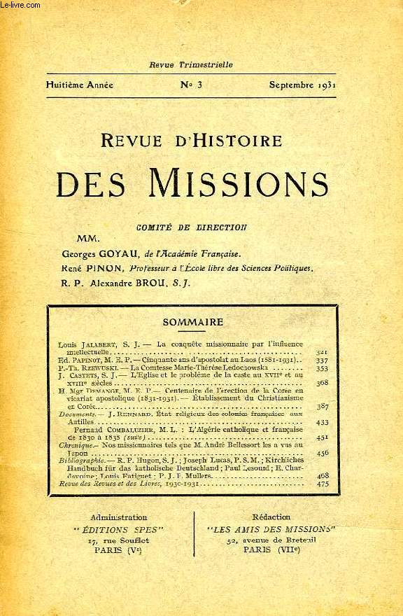 REVUE D'HISTOIRE DES MISSIONS, 8e ANNEE, N 3, SEPT. 1931