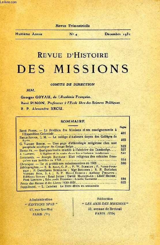 REVUE D'HISTOIRE DES MISSIONS, 8e ANNEE, N 4, DEC. 1931