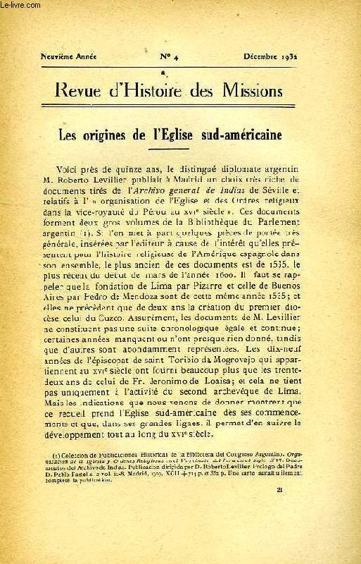 REVUE D'HISTOIRE DES MISSIONS, 9e ANNEE, N 4, DEC. 1932