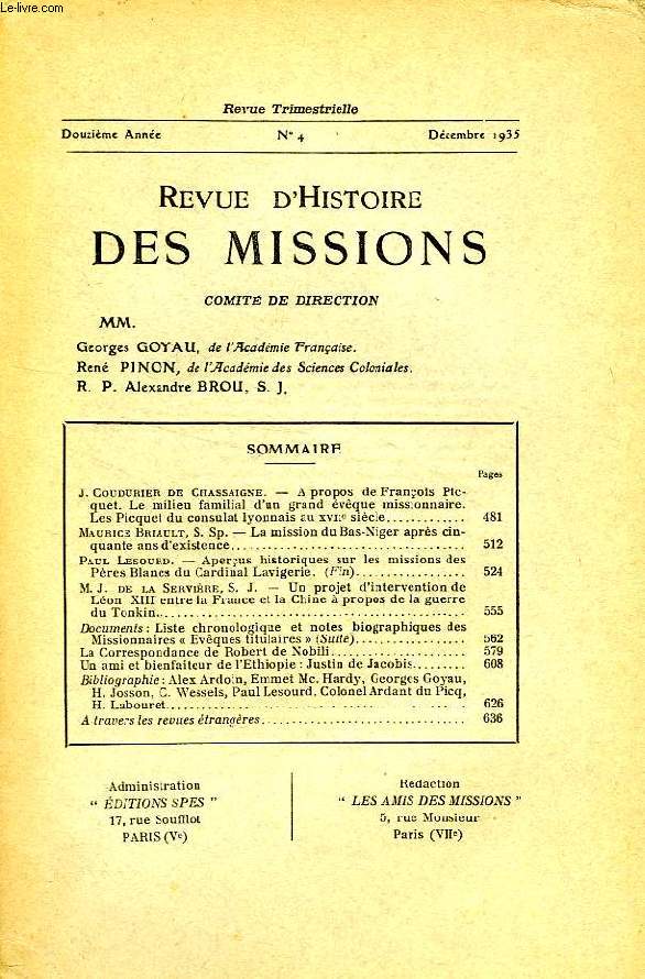 REVUE D'HISTOIRE DES MISSIONS, 12e ANNEE, N 4, DEC. 1935