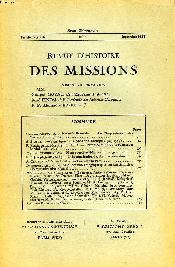 REVUE D'HISTOIRE DES MISSIONS, 13e ANNEE, N 3, SEPT. 1936