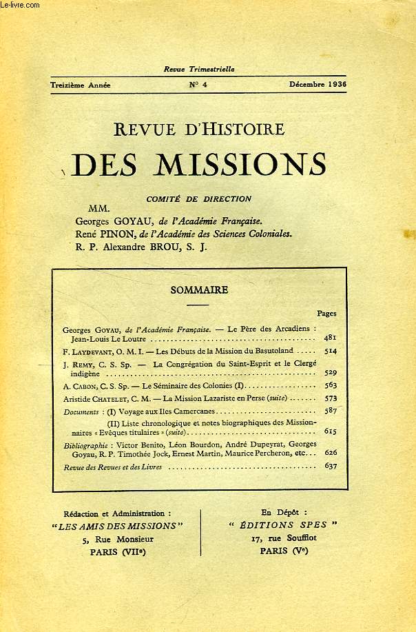 REVUE D'HISTOIRE DES MISSIONS, 13e ANNEE, N 4, DEC. 1936