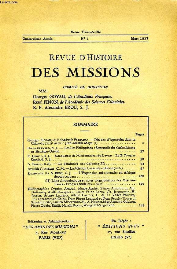 REVUE D'HISTOIRE DES MISSIONS, 14e ANNEE, N 1, MARS 1937
