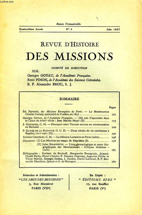 REVUE D'HISTOIRE DES MISSIONS, 14e ANNEE, N 2, JUIN 1937