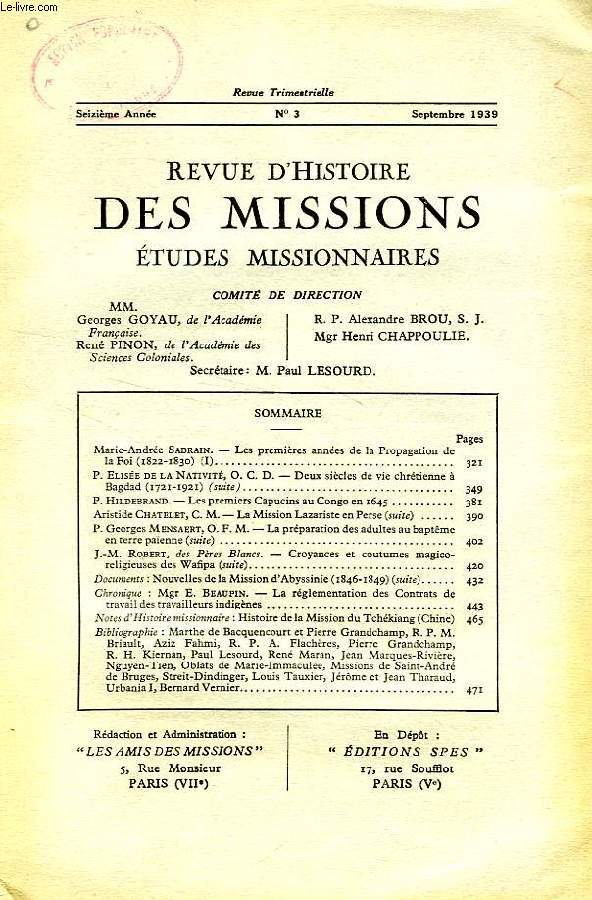 REVUE D'HISTOIRE DES MISSIONS, 16e ANNEE, N 3, SEPT. 1939