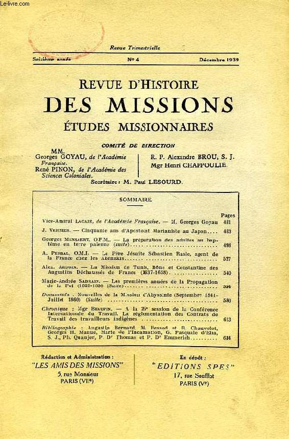 REVUE D'HISTOIRE DES MISSIONS, 16e ANNEE, N 4, DEC. 1939