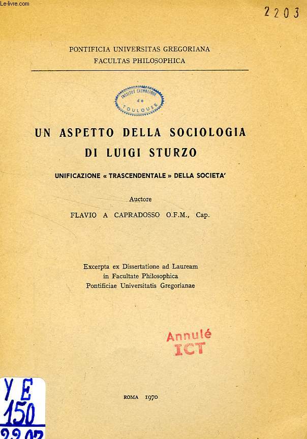 UN ASPETTO DELLA SOCIOLOGIA DI LUIGI STURZO, UNIFICAZIONE 'TRASCENDENTALE' DELLA SOCIETA'