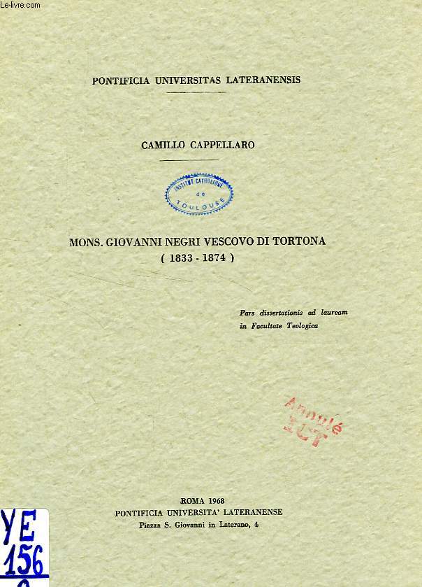 MONS. GIOVANNI NEGRI VESCOVO DI TORTONA (1833-1874)