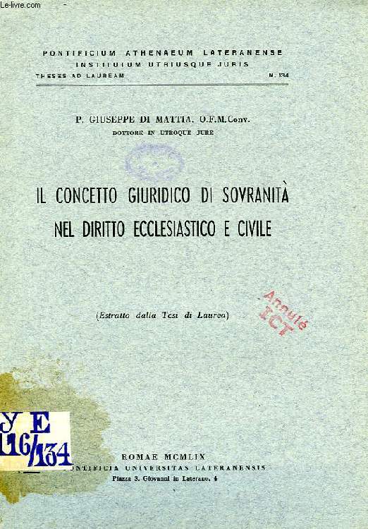 IL CONCETTO GIURIDICO DI SOVRANITA NEL DIRITTO ECCLESIASTICO E CIVILE