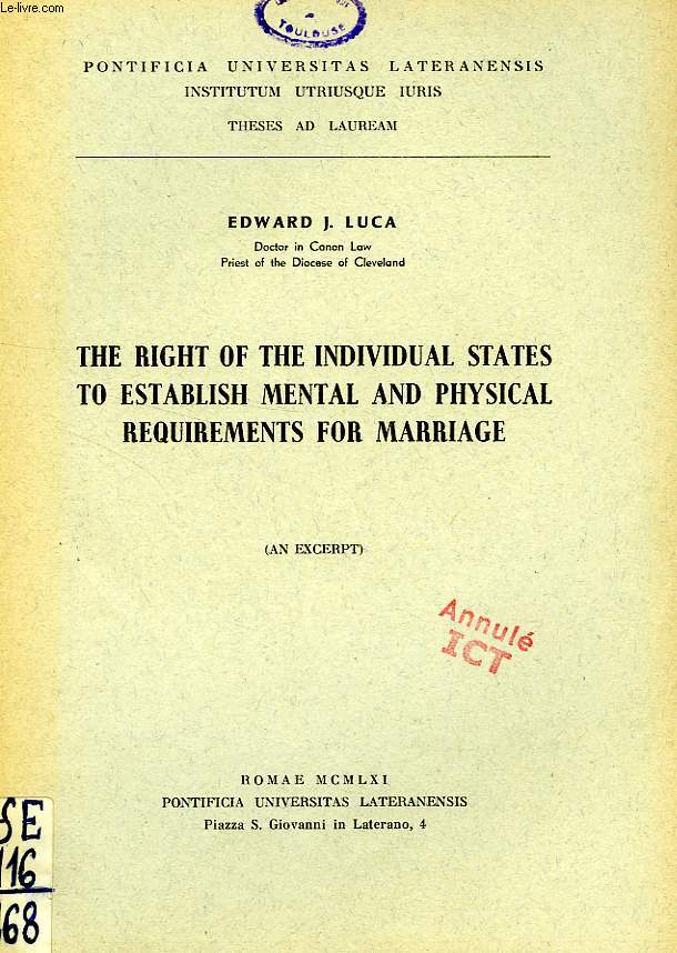 THE RIGHT OF THE INDIVIDUAL STATES TO ESTABLISH MENTAL AND PHYSICAL REQUIREMENTS FOR MARRIAGE