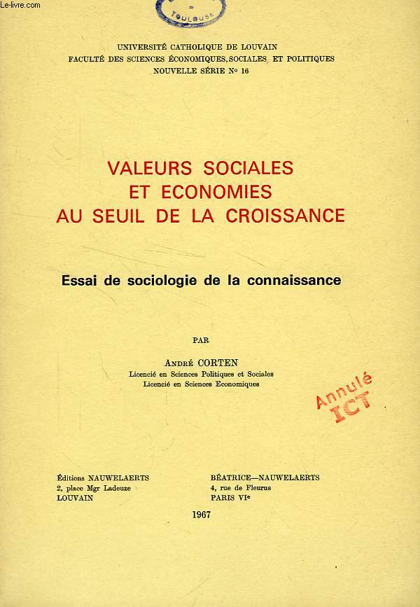 VALEURS SOCIALES ET ECONOMIQUES AU SEUIL DE LA CROISSANCE, ESSAI DE SOCIOLOGIE DE LA CONNAISSANCE