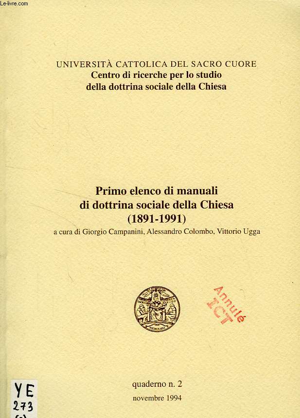 PRIMO ELENCO DI MANUALI DI DOTTRINA SOCIALE DELLA CHIESA (1891-1991)