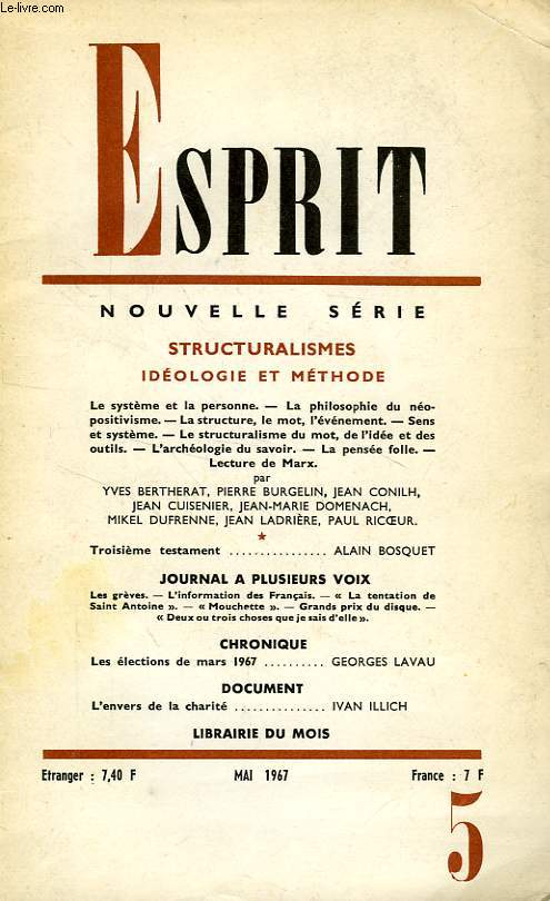 ESPRIT, NOUVELLE SERIE, 35e ANNEE, N 360, MAI 1967, STRUCTURALISMES, IDEOLOGIE ET METHODE
