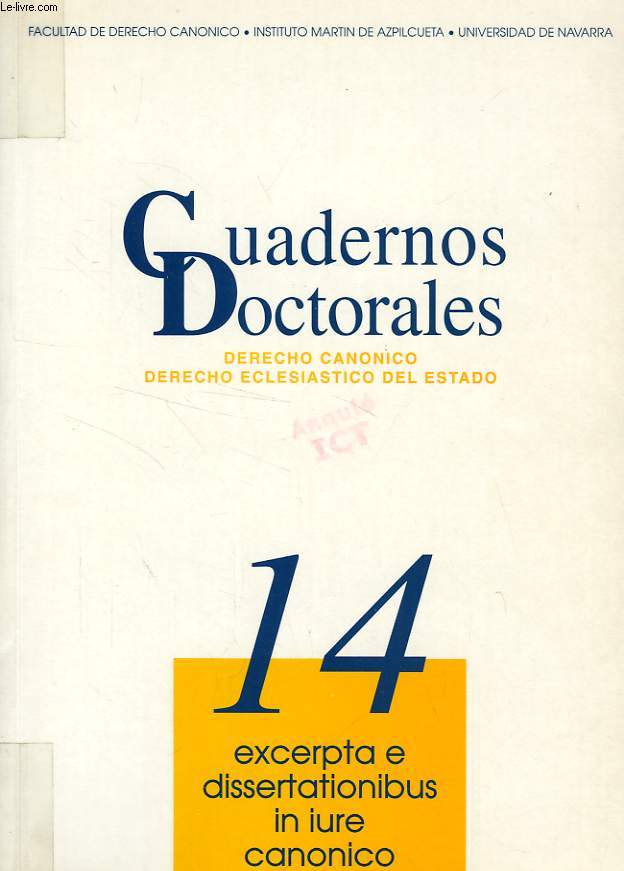 CUADERNOS DOCTORALES, DERECHO CANONICO, DERECHO ECLESIASTICO DEL ESTADO, 14