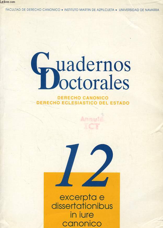 CUADERNOS DOCTORALES, DERECHO CANONICO, DERECHO ECLESIASTICO DEL ESTADO, 12