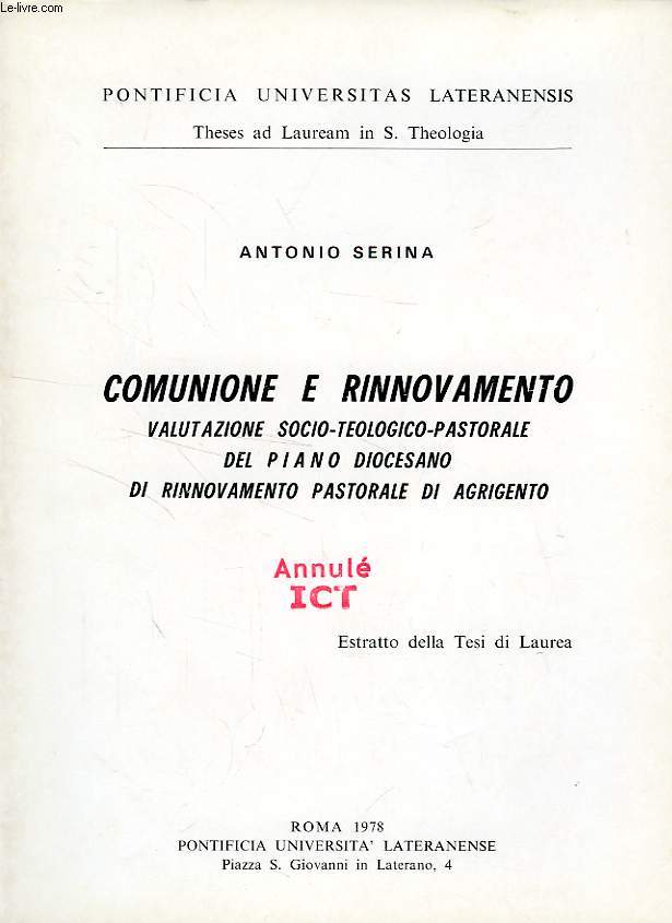 COMUNIONE E RINNOVAMENTO, VALUTAZIONE SOCIO-TEOLOGICO-PASTORALE DEL PIANO DIOCESANO DI RINNOVAMENTO PASTORALE DI AGRIGENTO