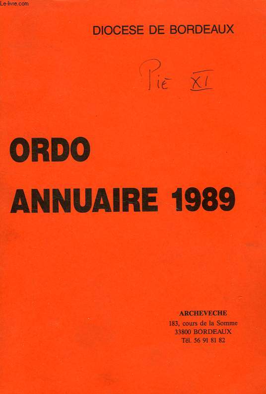 DIOCESE DE BORDEAUX, ORDO, ANNUAIRE 1989