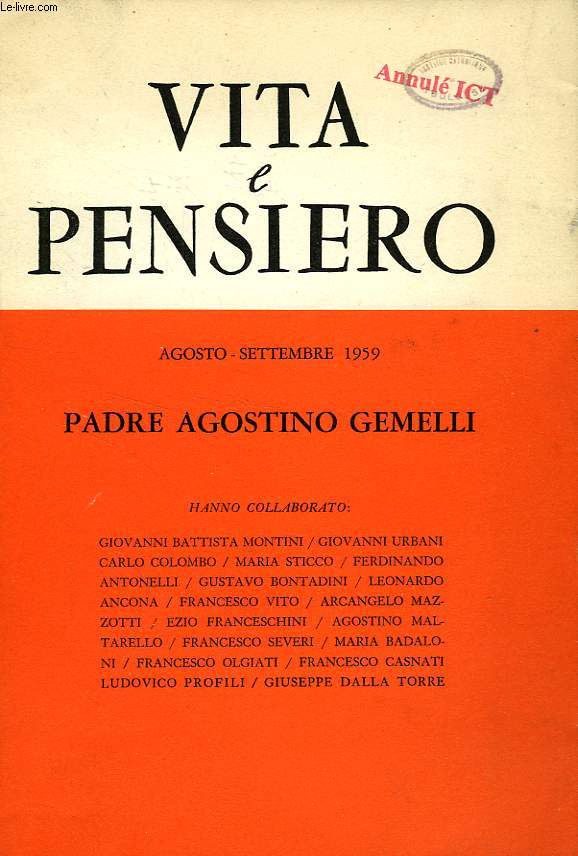 VITA E PENSIERO, ANNO XLII, AGOSTO-SETT. 1959, PADRE AGOSTINO GEMELLI