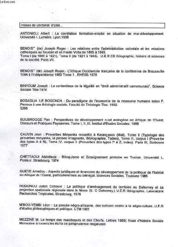 LISTE DE THESES ET MEMOIRES AFRIQUE / THEOLOGIE (SANS TITRE)