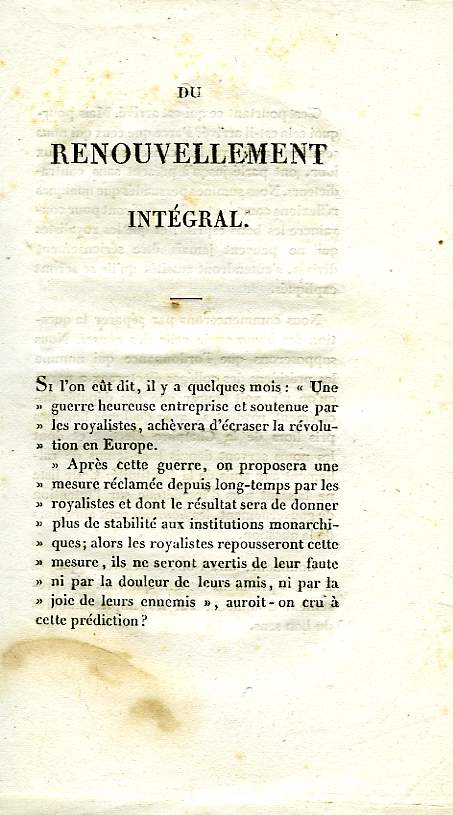 DU RENOUVELLEMENT INTEGRAL (1823, LA RESTAURATION)