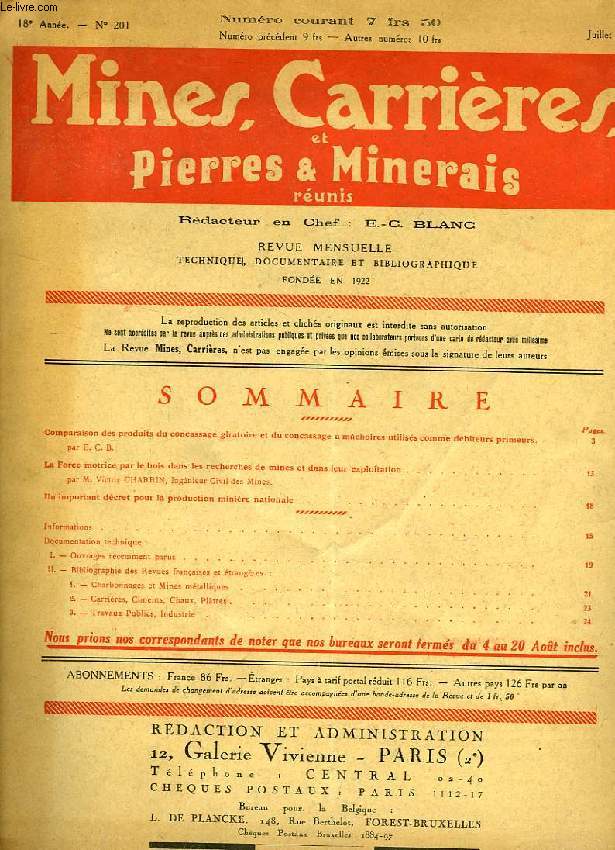 MINES, CARRIERES, ET PIERRES & MINERAIS, 18e ANNEE, N° 201, JUILLET 1939