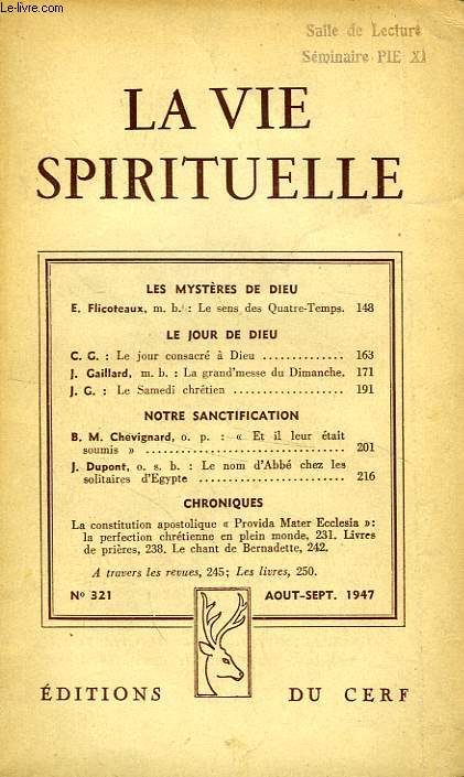 LA VIE SPIRITUELLE, N 321, AOUT-SEPT. 1947