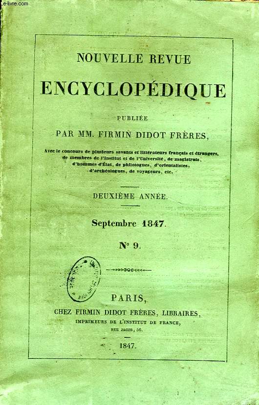 NOUVELLE REVUE ENCYCLOPEDIQUE, PUBLIEE PAR MM. FIRMIN DIDOT FRERES, N° 9-12 (TOME V), SEPT.-DEC. 1848