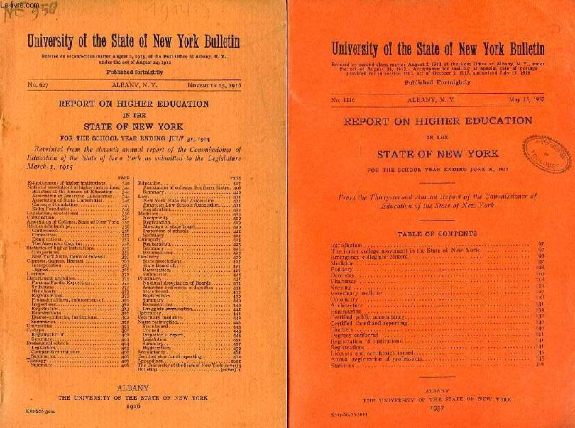 UNIVERSITY OF THE STATE OF NEW YORK BULLETIN, REPORT ON HIGHER EDUCATION IN THE STATE OF NEW YORK, 1916-1937, 11 ISSUES (INCOMPLETE)