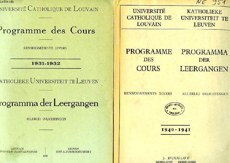 UNIVERSITE CATHOLIQUE DE LOUVAIN, PROGRAMME DES COURS, 1931-1941, 10 VOLUMES