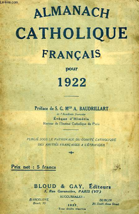 ALMANACH CATHOLIQUE FRANCAIS POUR 1922