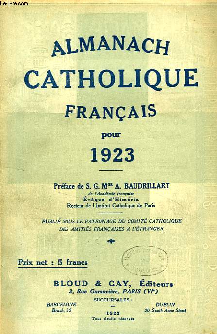 ALMANACH CATHOLIQUE FRANCAIS POUR 1923