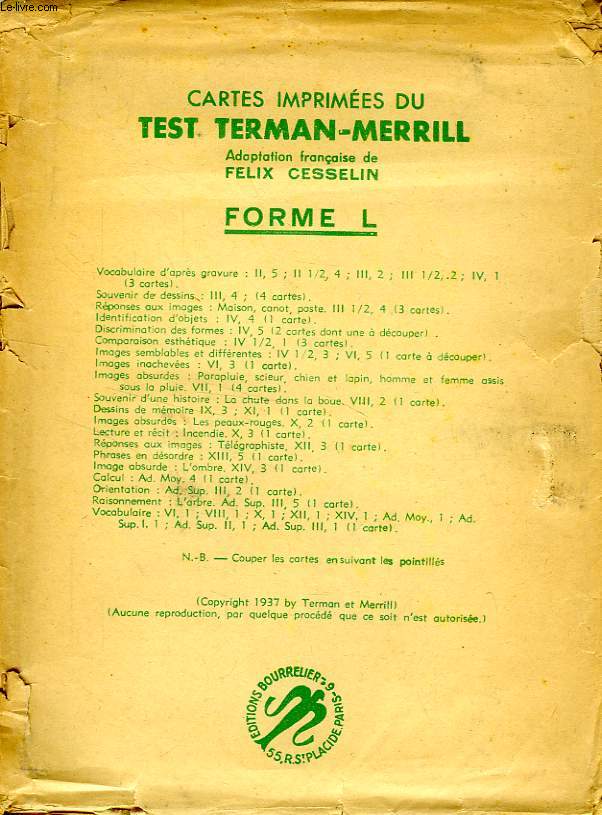 CARTES IMPRIMEES DU TEST TERMAN-MERRILL, FORME L