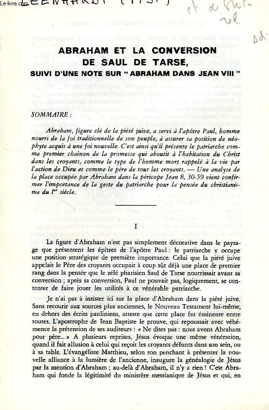 ABRAHAM ET LA CONVERSION DE SAUL DE TARSE, SUIVI D'UNE NOTE SUR 'ABRAHAM DANS JEAN VIII'