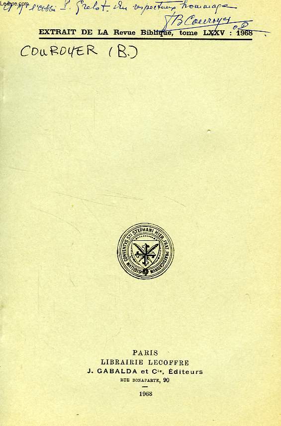 EXTRAIT DE LA REVUE BIBLIQUE, TOME LXXV, 1968, LE TEMPLE DE YAHO ET L'ORIENTATION DANS LES PAPYRUS ARAMEENS D'ELEPHANTINE