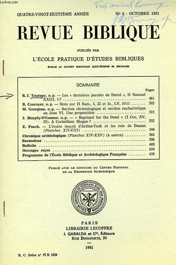 REVUE BIBLIQUE, 88e ANNEE, N 4, OCT. 1981, EXTRAIT, LES 'DERNIERES PAROLES DE DAVID', II SAMUEL XXIII, 1-7