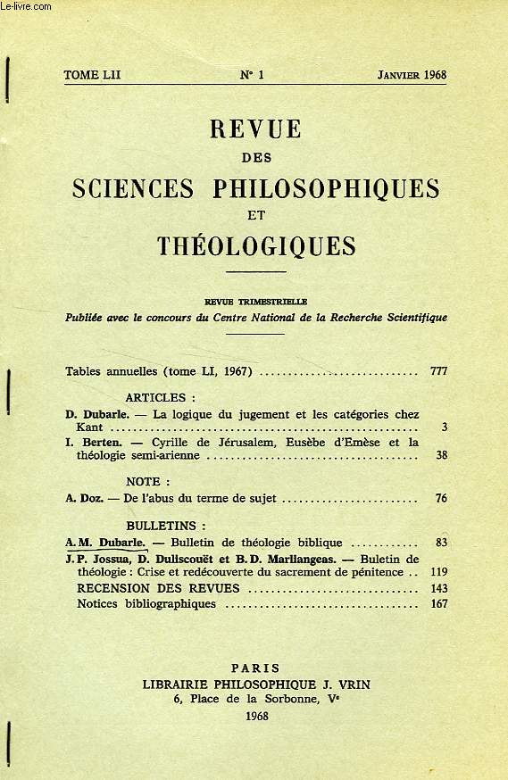REVUE DES SCIENCES PHILOSOPHIQUES ET THEOLOGIQUES, TOME 52, N 1, JAN. 1968, EXTRAIT, BULLETIN DE THEOLOGIE BIBLIQUE