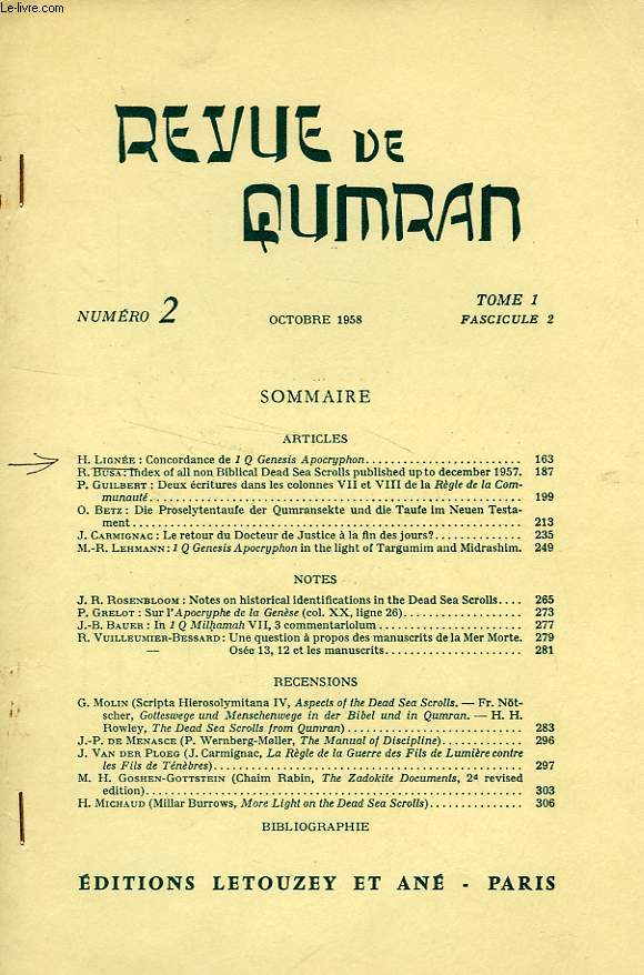 REVUE DE QUMRAN, TOME 1, FASC. 2, N 2, OCT. 1958, EXTRAIT, CONCORDANCE DE 'I Q GENESIS APOCRYPHON'