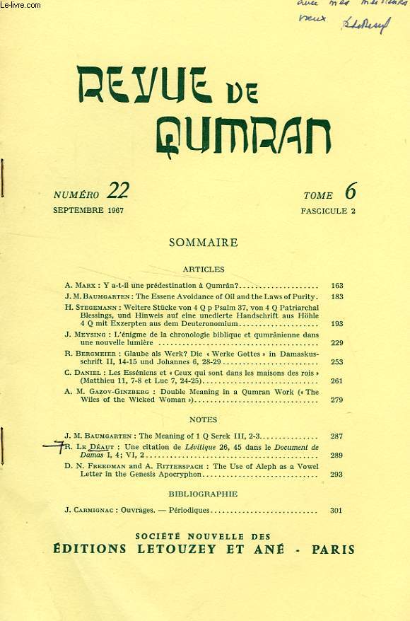 REVUE DE QUMRAN, TOME 6, FASC. 2, N 22, SEPT. 1967, EXTRAIT, UNE CITATION DE LEVITIQUE 26, 45 DANS LE DOCUMENT DE DAMAS I, 4; VI, 2