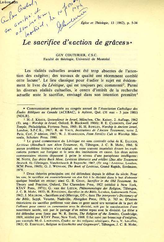EGLISE ET THEOLOGIE, N 13, 1982, EXTRAIT, LE SACRIFICE D' 'ACTION DE GRACES'