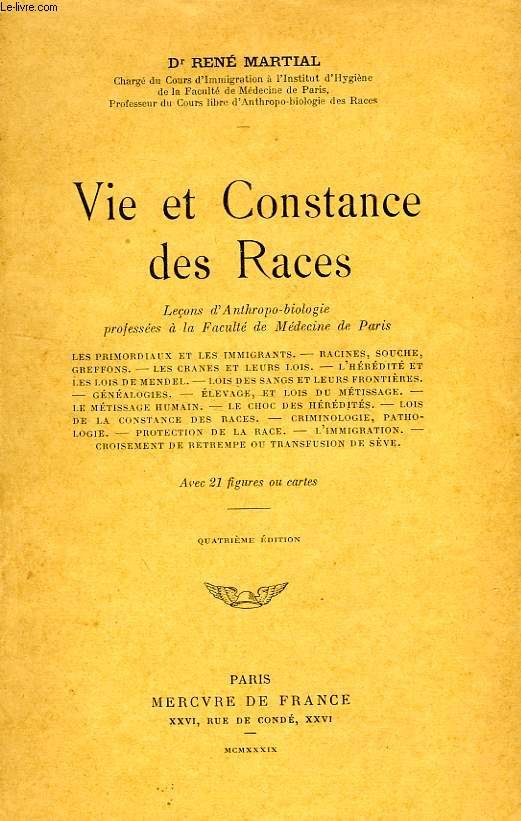 VIE ET CONSTANCE DES RACES, LECONS D'ANTHROPO-BIOLOGIE PROFESSEES A LA FACULTE DE MEDECINE DE PARIS