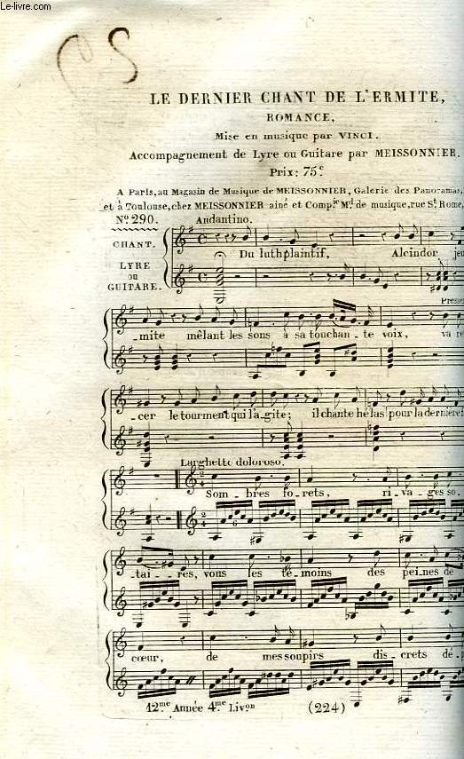 LE DERNIER CHANT DE L'ERMITE, ROMANCE MISE EN MUSIQUE