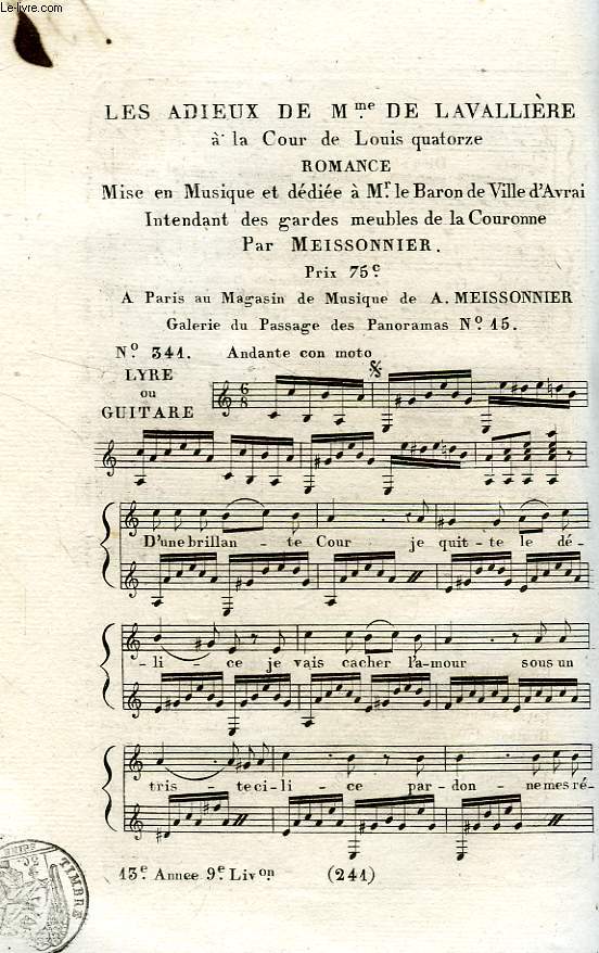 LES ADIEUX DE Mme de LAVALLIERE A LA COUR DE LOUIS QUATORZE, ROMANCE MISE EN MUSIQUE